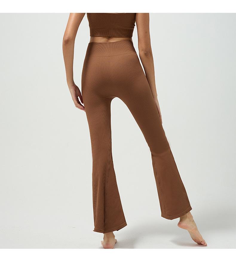 High-Waisted Women's Seamless Ribbed Yoga Flare Pants with Tummy Control