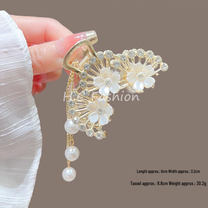 Püsküllü Beyaz Lotus İnci Yüksek At Kuyruğu Saç Tokası, Kadınlar İçin Yarı Bağlı Saç Sabitleme için Başın Arkasına Takılan Toka.