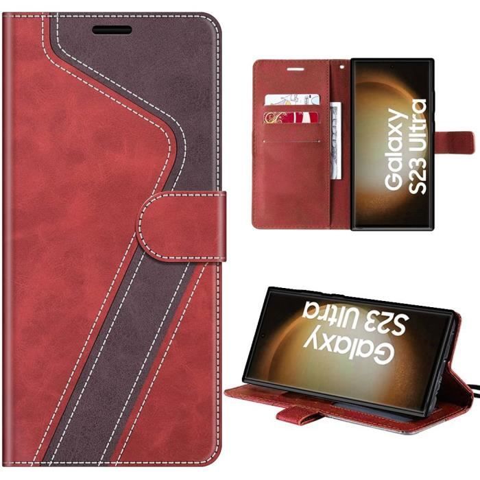 Protective Case - Booling - for Samsung Galaxy S23 Ultra - Red and Brown - Leather Effect - Card Slots