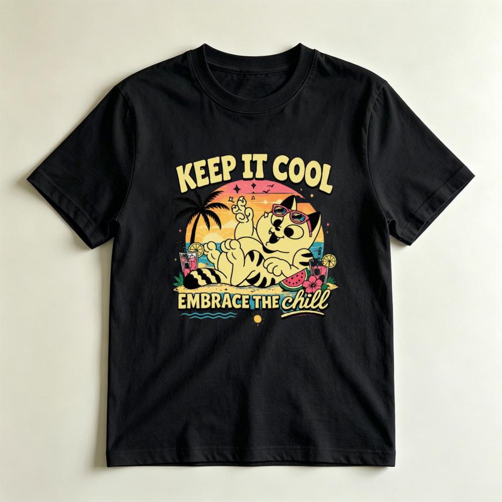 Retro Summer Cat Tee Keep It Cool Embrace The Chill Beach Vibes Vacation Cat Lover Graphic TShirt Unisex Crewneck Cotton Shirt