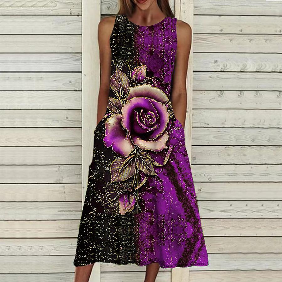 Summer Fashion Sexy Sleeveless Dress Soft Casual 3D Gilded Flower Print Dress Sleeveless Sling Dress Summer Suspender Dress