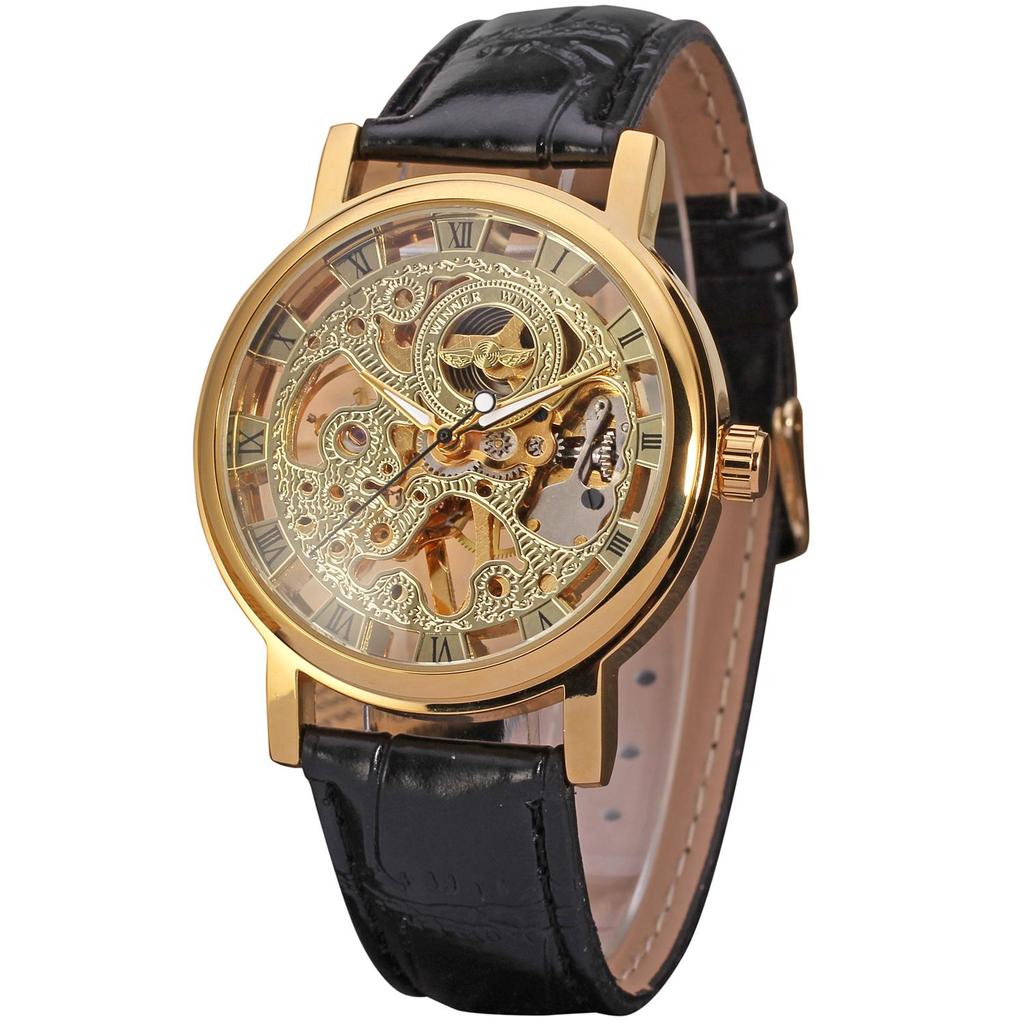 Reloj de Pulsera Mecánico de Cuerda Manual Fashion Winner para Hombre, Estilo Steampunk Esqueleto, Correa de Cuero Casual, Reloj de Pulsera de Gama Alta