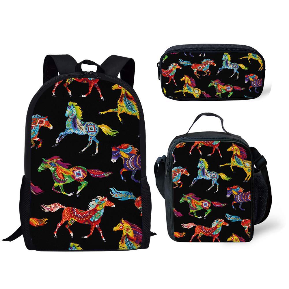 Luxury Novelty Cool Tribal Colored Horses 3D Print 3pcs/Set pupil School Bags Laptop Daypack Backpack Lunch bag Pencil Case