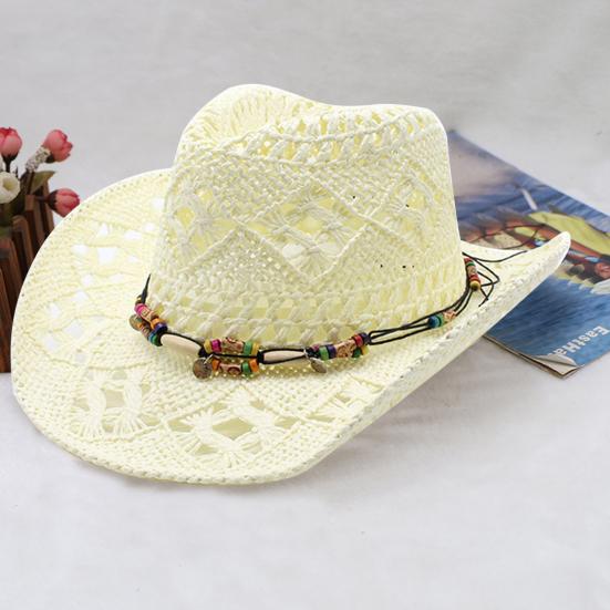 Ψάθα Καπέλο με Προστασία UPF 50+ Ρυθμιζόμενο Λουράκι Πηγουνιού Διακόσμηση με Χάντρες Διάτρητο Σχέδιο Αναπνεύσιμη Πλέξη Ρετρό Ντένιμ Ψάθα Καπέλο
