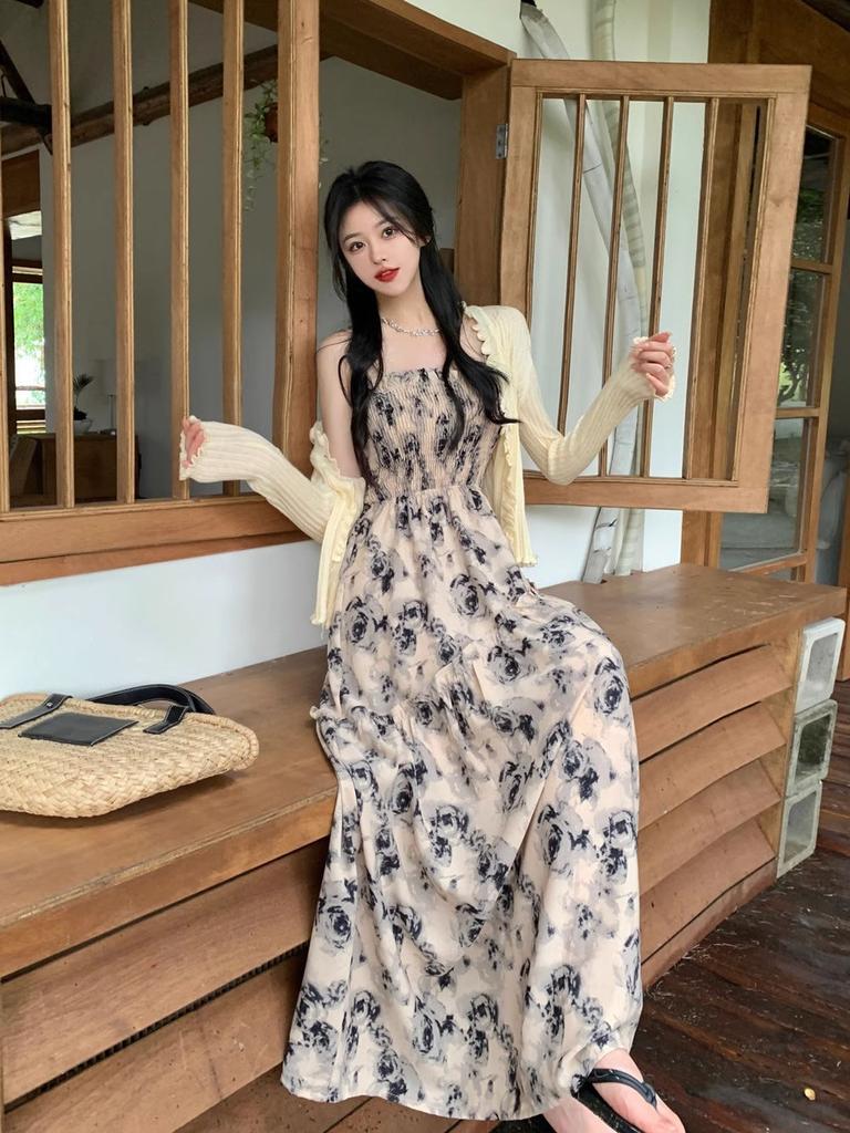 Coffee Break French Rose Floral Suspender Dress Women's Skirt Summer Small Seaside Vacation Waist Long Dress