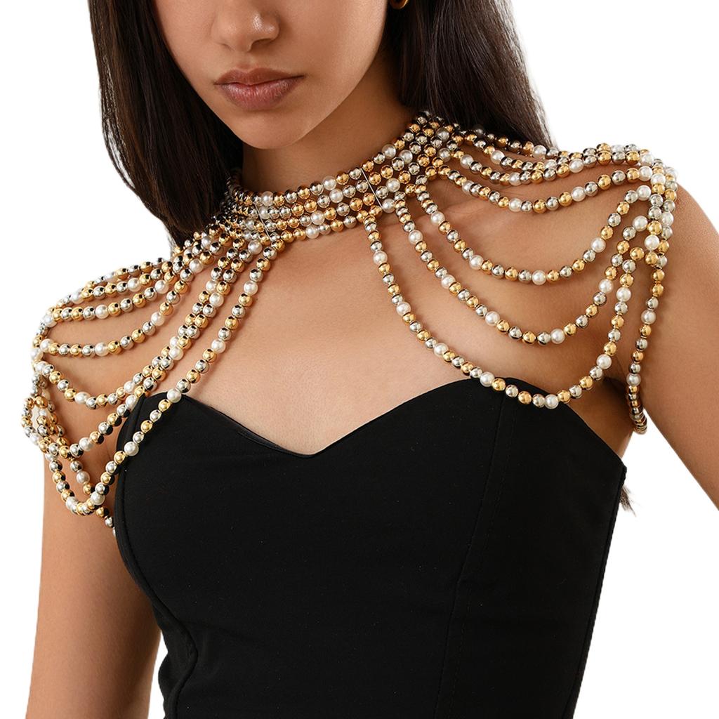 Elegant Pearls Tassels Body Chain Hand Beading Collar Necklace for Lady Pearls Chain Necklace for Party/Club