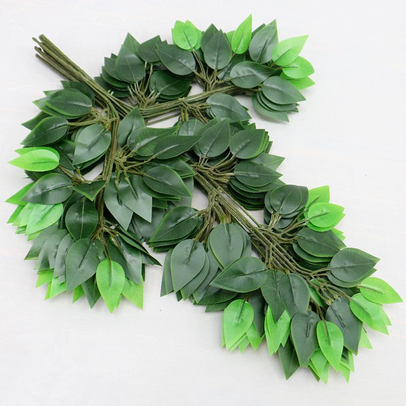 12PCS Green Plants Artificial Banyan Leaf Branch Plastic Tree Rattan Landscaping Accessories Wedding Garden Home Christmas Decor