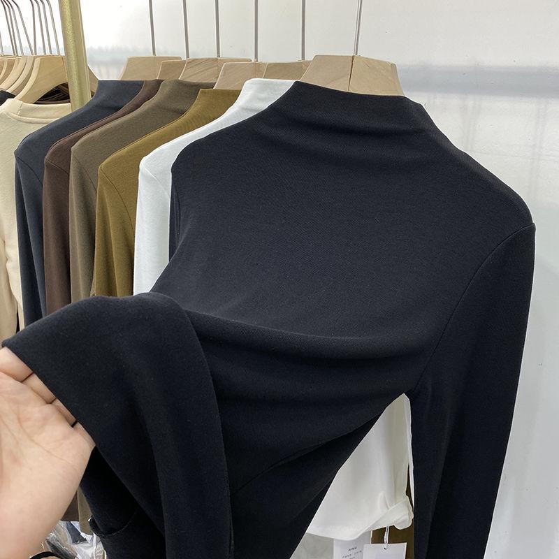 Women's Elastic Slim-Fit Long-Sleeve Half-High Collar Fleece T-Shirt - Soft, Skin-Friendly, 2022 Autumn/Winter Collection