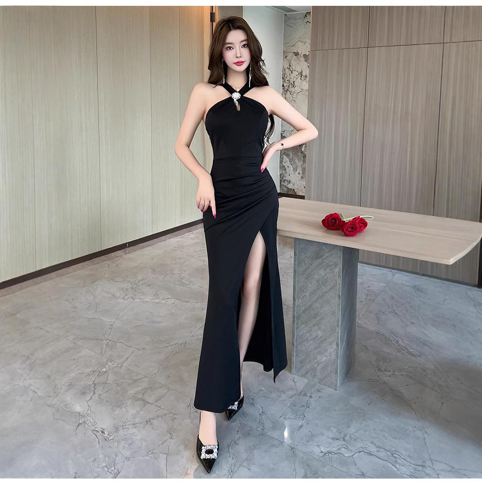 White neck evening dress women's high-end sense light luxury niche high-end temperament sexy backless split fish tail skirt