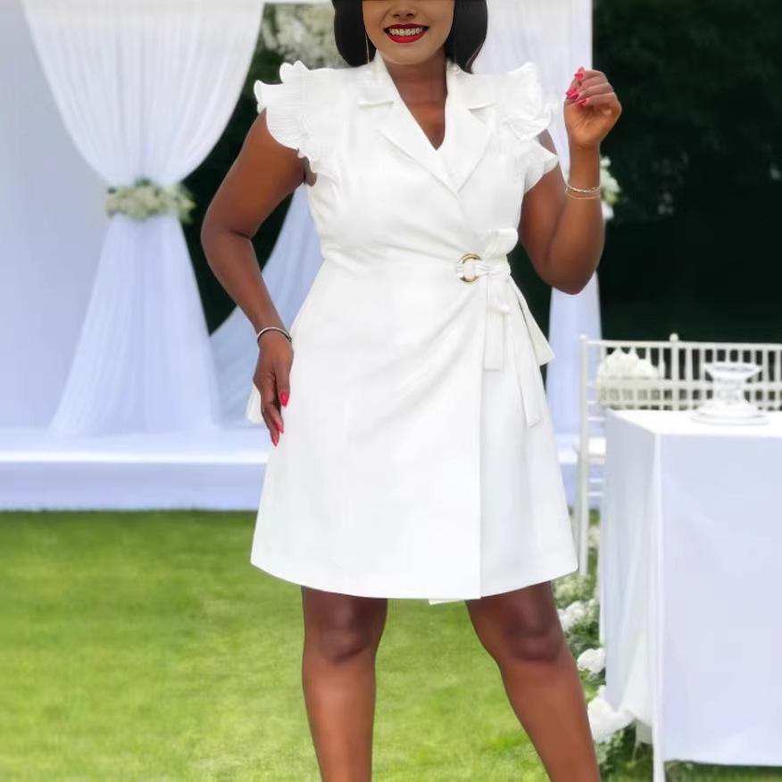 Plus Size Women s White Ruffle Sleeve Belted Party Dress 0XL