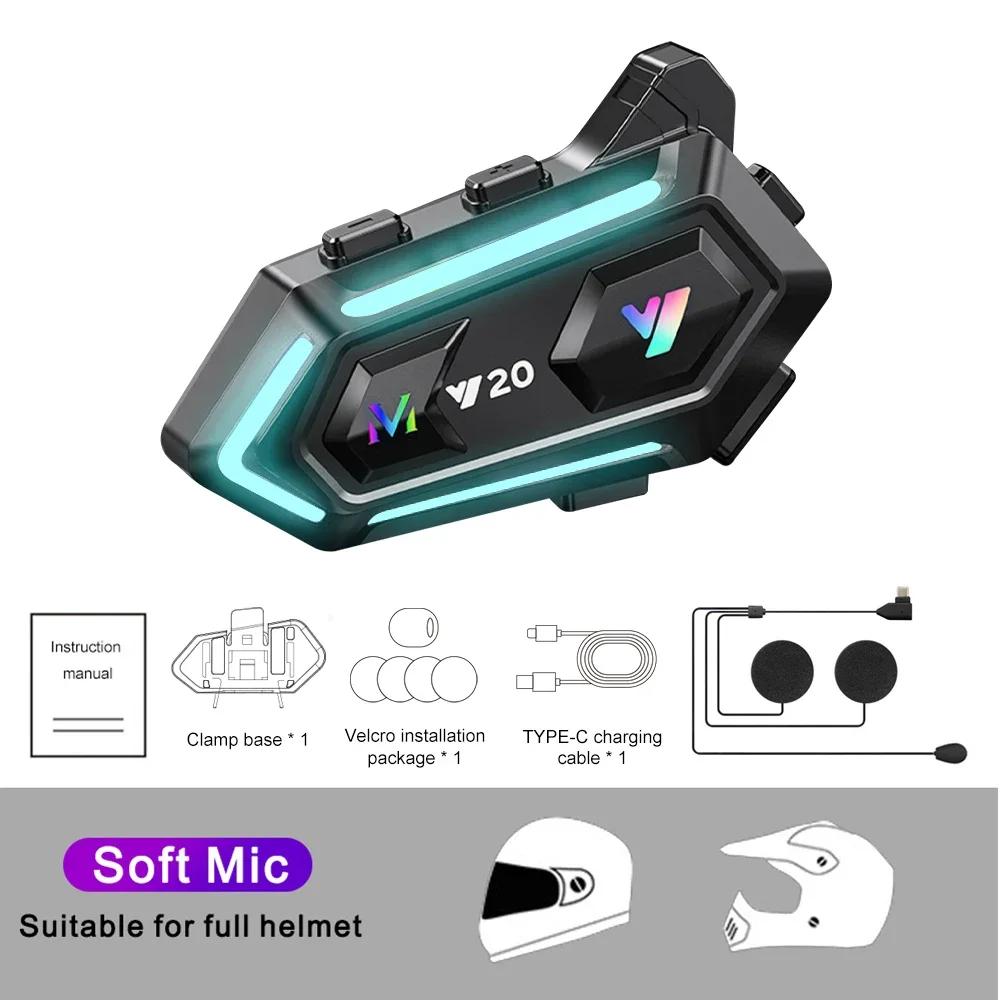 Y20 Motorcycle Helmet Bluetooth Headset with RGB Light Handsfree Call Noize Reduction Waterproof Wireless Motobike Headphone 1000Mah