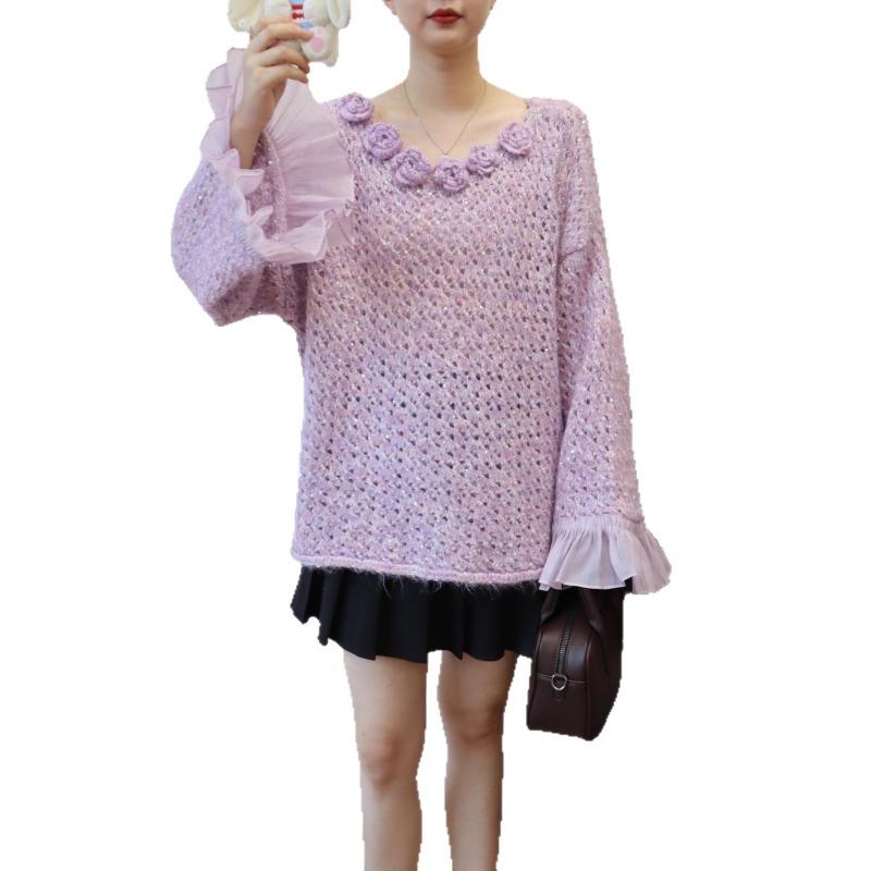 Three-dimensional flower hollow sequin loose knitted sweater top autumn and winter new splicing mesh sweater pullover women