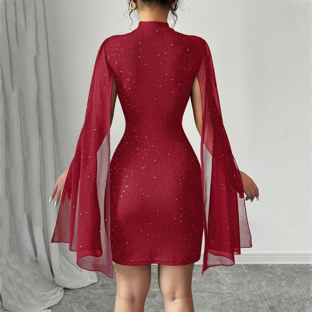 Sparkling Chiffon Cape Red Dress Half Neck Slim Evening Dress Ladies Girl