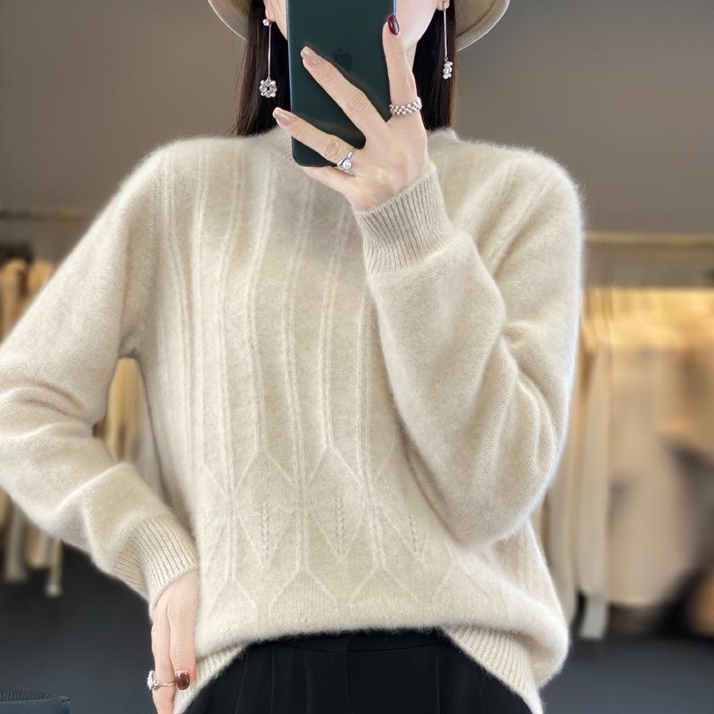 Women's Thickened Wool Jacquard Sweater - Round Neck, Long Sleeve, Cashmere Knit Base Layer for Autumn/Winter