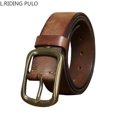 Men's and Women's Retro Hand-rubbed Versatile Pleated Copper Pin Buckle Genuine Leather Belt Genuine Leather Trendy Pure Cowhide