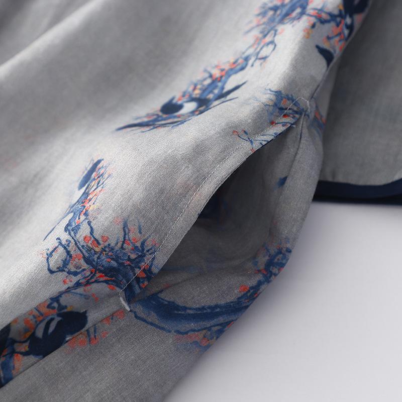 2025 Summer New Printed Cotton and Linen Long Dress Children's Retro Loose and Thin V-neck Seven-quarter Sleeve Dress