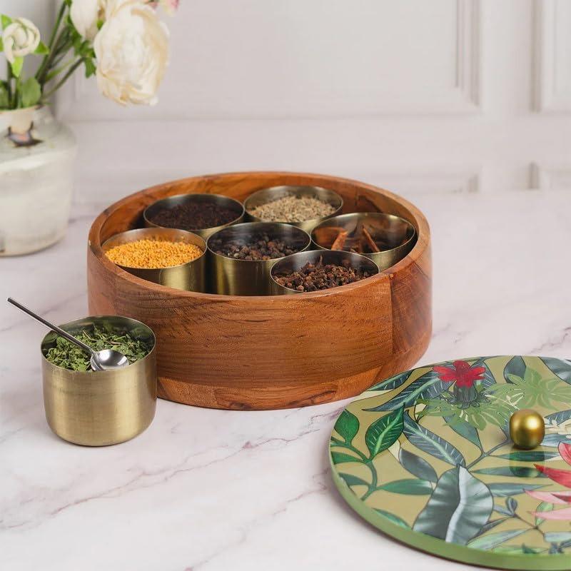 Wooden Spice Organizer, Wooden Masala Box (Green),  Nestroots