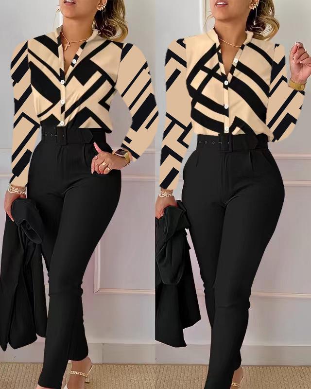 Printed Long-Sleeve Top & Solid Color Pants Suit with Belt