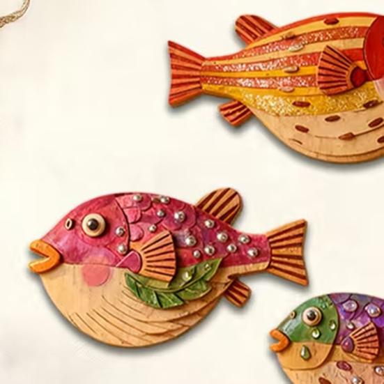 3 Stück/Set Vintage Puffer Wanddekoration, Küsten-Holzfisch Hängeornament, Maritime Meeres-Thema Wandkunst für Badezimmer, Wohnzimmer