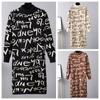 Autumn Winter Women High Neck Vintage Knitted Pullover Long Sleeve Letter Graffiti Sweater Dress