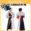Damen Halloween 101 Dalmatiner Cosplay Kostüm Schwarz und Weiß Hexe Cruella De Vil Charakter