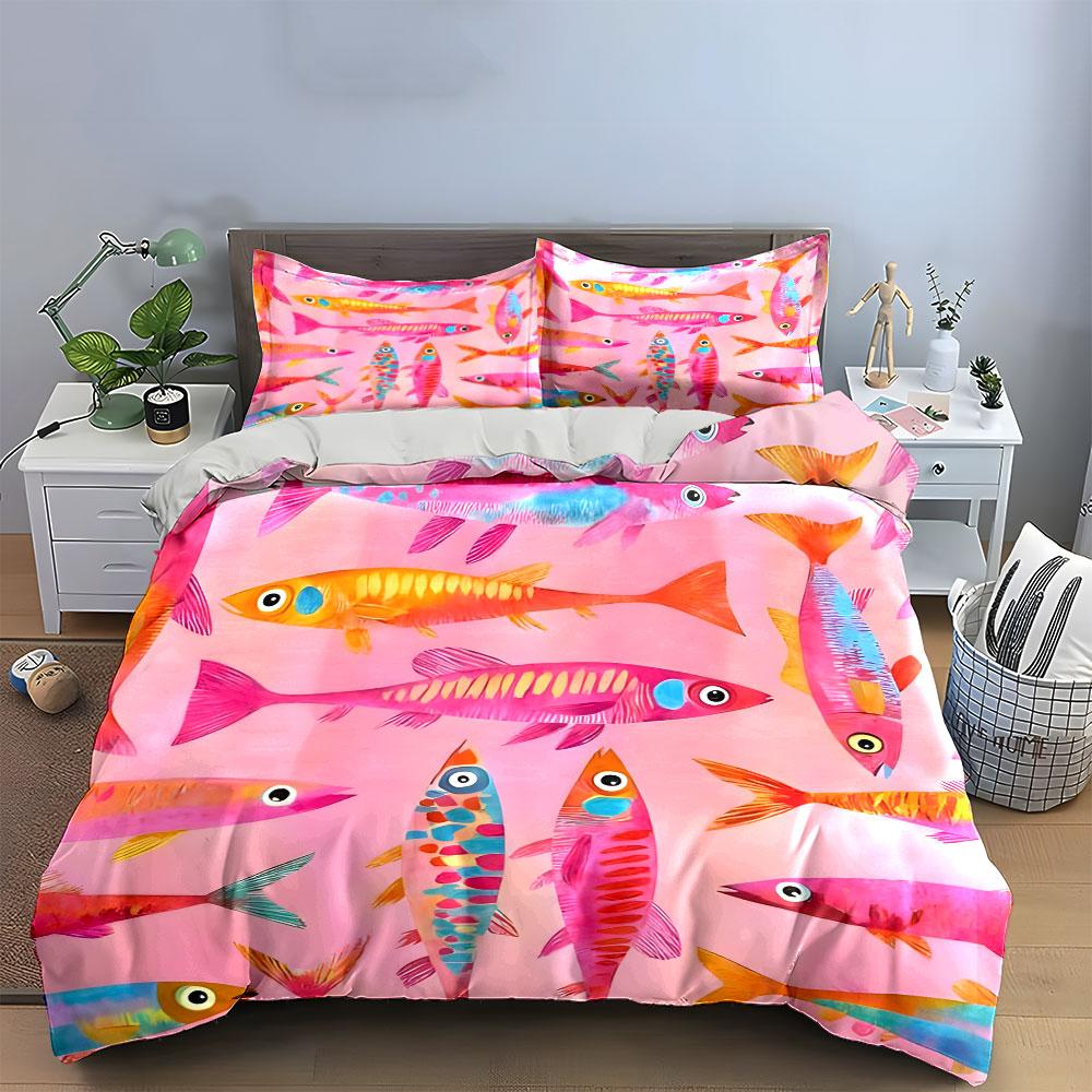 Colorful Fish Pattern Decor Set Exquisite Three-Piece Bedding Set Gift For Kids And Adults