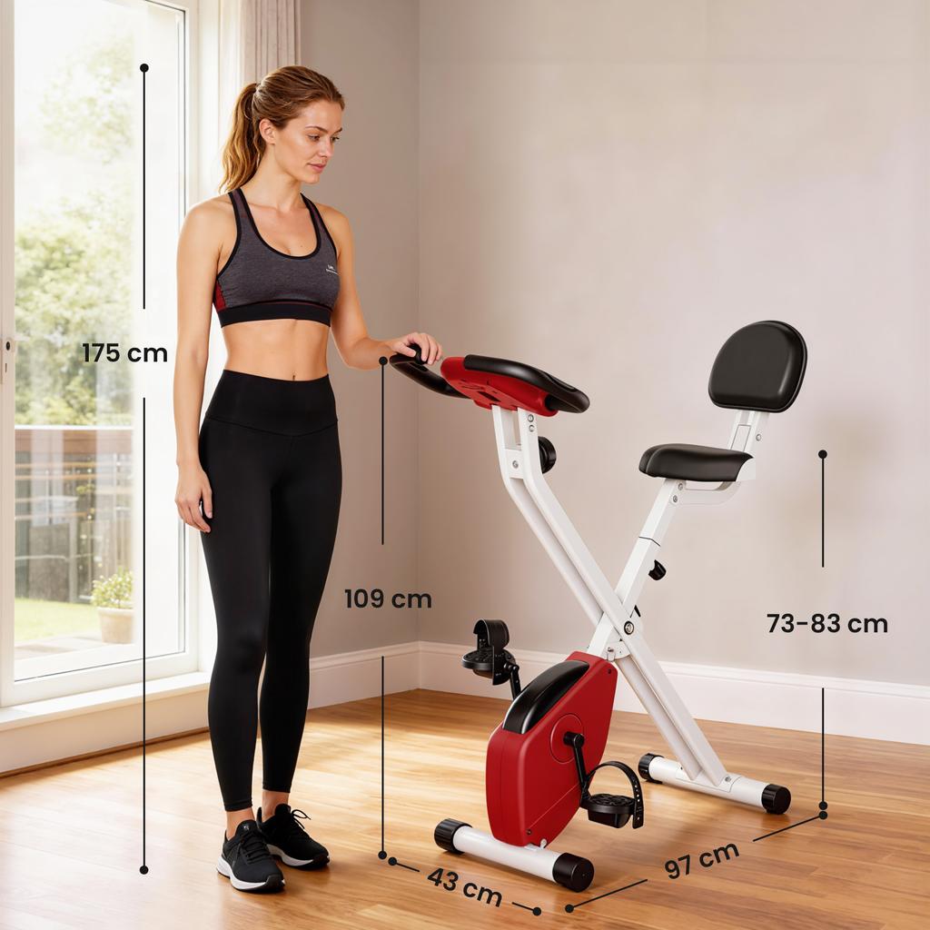 Cyclette con Resistenza Magnetica, 8 Livelli, Altezza Regolabile, Display LCD, Rosso + Bianco