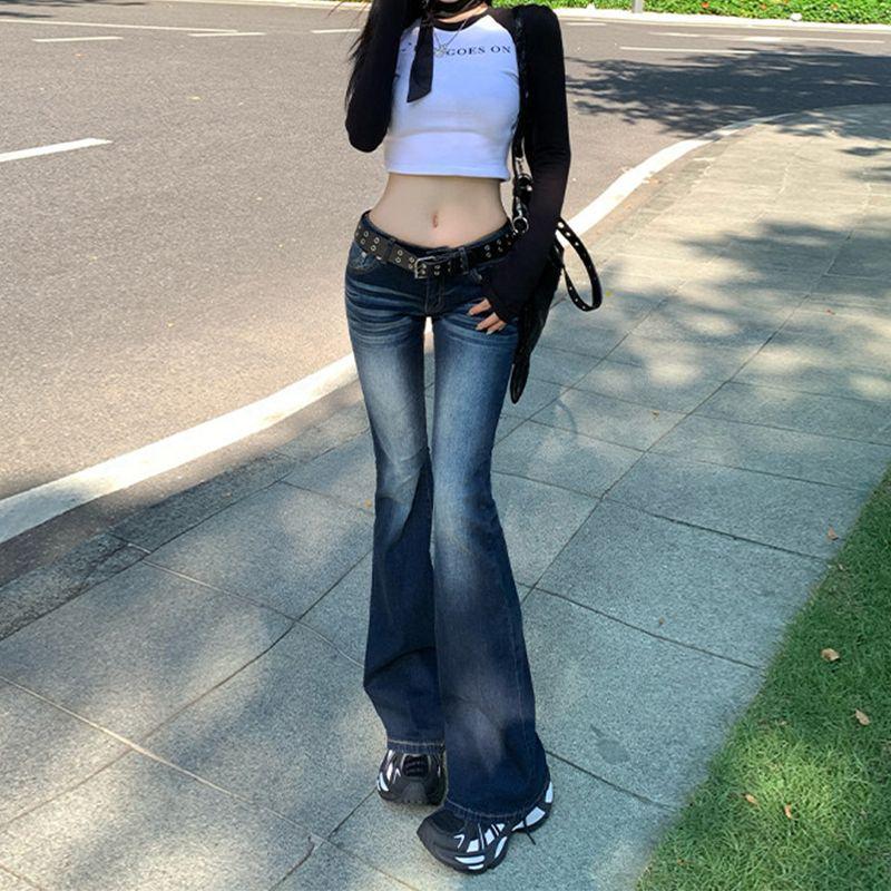Spice girl elastic low-rise jeans women's small new American slim-fitting and thin retro straight-horn trousers