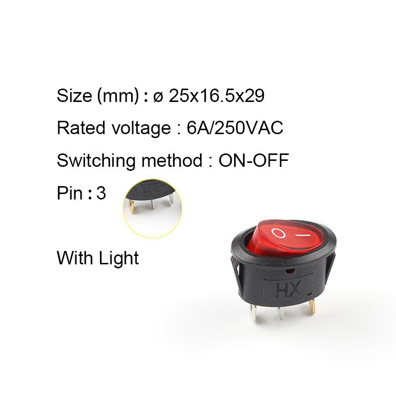 5pcs KCD1Round Small Rocker Switch 25*16.5mm Mini Round Black White Red 2 Pin 3 Pin Switch Power Button Switch With Light 6A/250