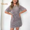 Damenkleid, Rundhalsausschnitt, kurze Ärmel, Brusttasche, Vintage-Stil, Übergröße, kurzes Kleid im Used-Look, einfarbig, Pullover, lässig, für den Alltag, Minikleid