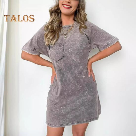 Damenkleid, Rundhalsausschnitt, kurze Ärmel, Brusttasche, Vintage-Stil, Übergröße, kurzes Kleid im Used-Look, einfarbig, Pullover, lässig, für den Alltag, Minikleid