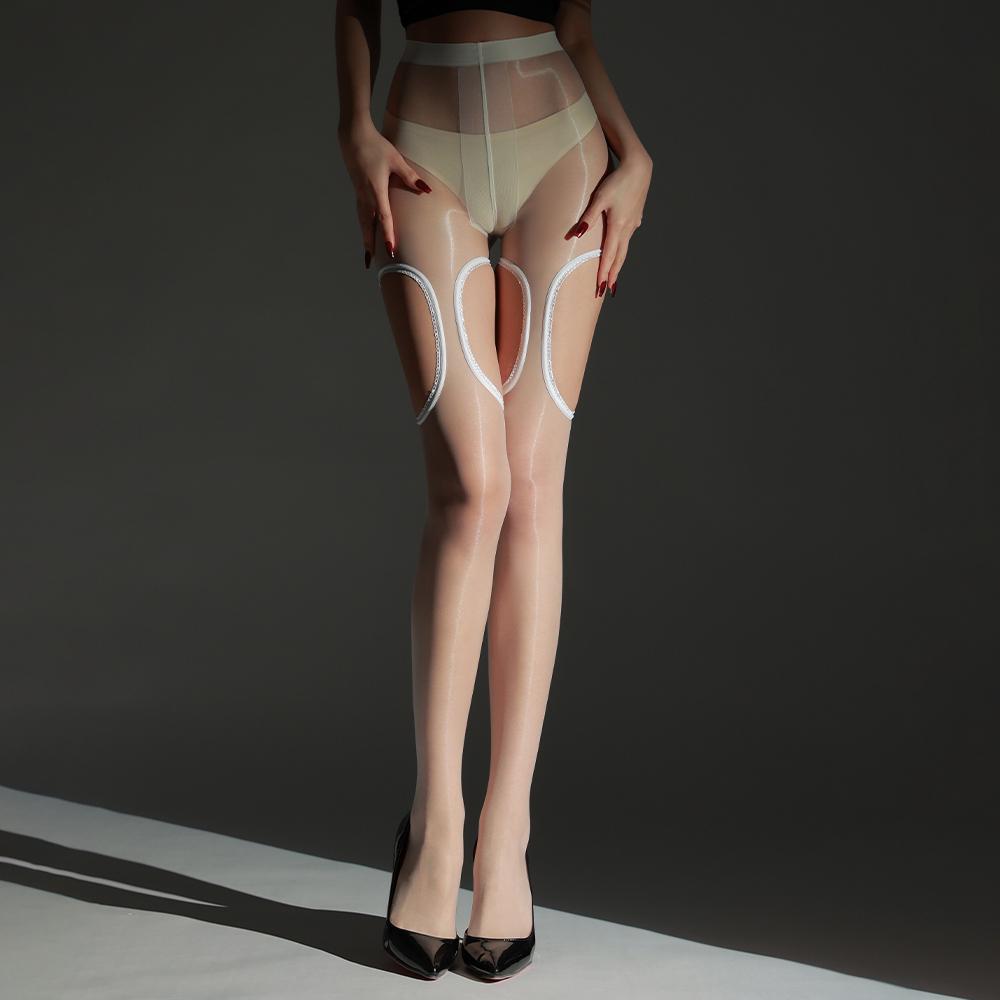 Sexy Women Fashion Four Side Hollow Out Pantyhose Sexy Oil Glossy Shiny Sheer See Through Maid Tights Slim Pantyhose