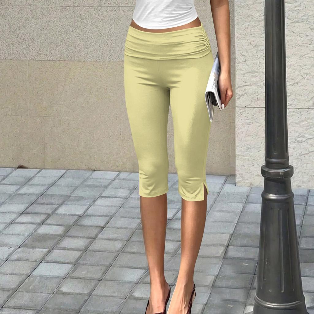 Damen Schlank Geschnittene Bedruckte Capri-Hose mit Raffung Stretchy Mid-Rise Verkürzte Leggings für Freizeitkleidung