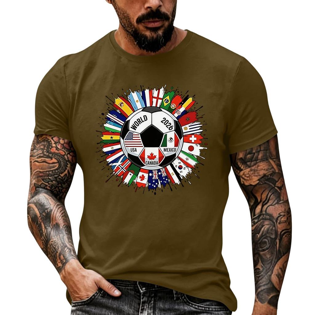 Men's Basic Crew Neck Short Sleeve T Shirt Loose Fit Casual Summer Top Soccer Ball and International Flags Graphic Print