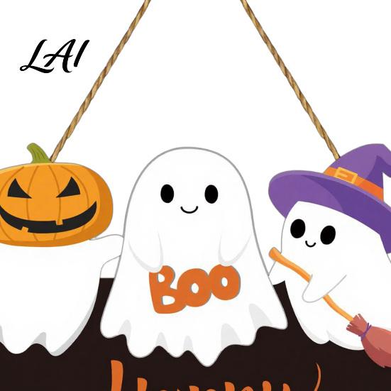 Black Orange Party Props Halloween Ghost Door Sign Cute Ghosts Wooden Hanging Wreath Rustic Happy Witch Broom Bat Sign Welcome for Home Wall
