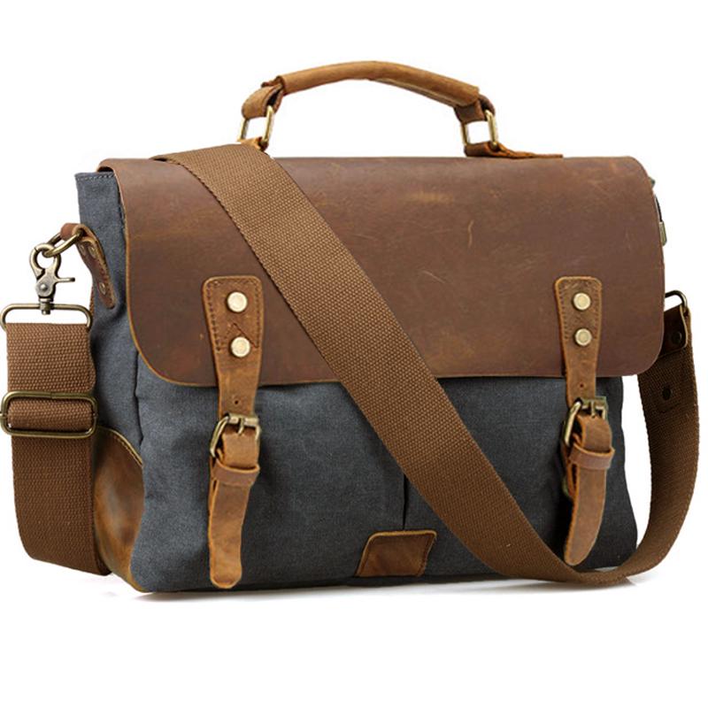 Vintage Leather & Canvas Briefcase for Men, Business Office Portfolio Bag, Document Tote Attache Case