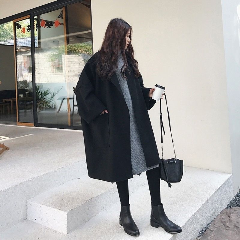 Autumn and Winter Plus Size Women's Woolen Coat Women's Korean Version Loose Medium Long Windbreaker Thick Coat