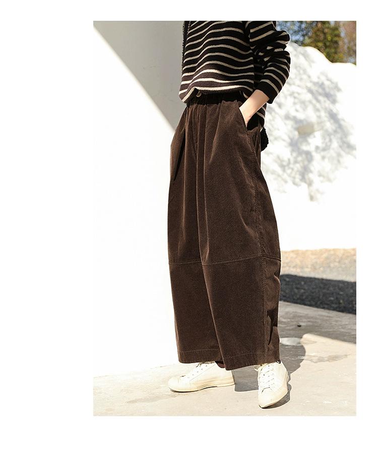 Retro Corduroy Lantern Pants with Ribbed Texture - Literary Style
