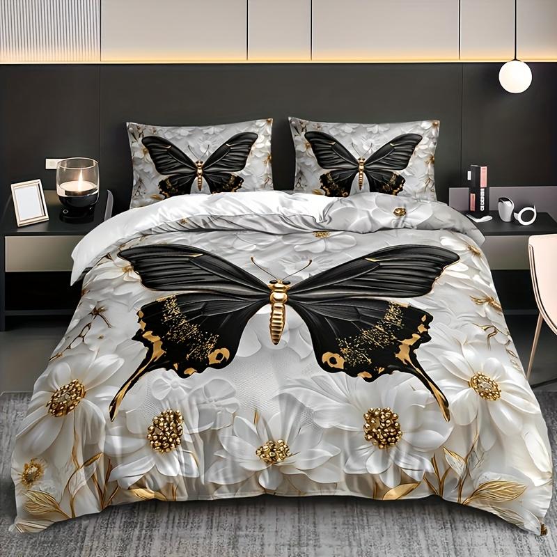 

3pcs Three-dimensional Golden Flower Butterfly Quilt Cover Set 1 Quilt Cover + 2 Pillowcases without Pillow Core EU Twin(135x200cm)