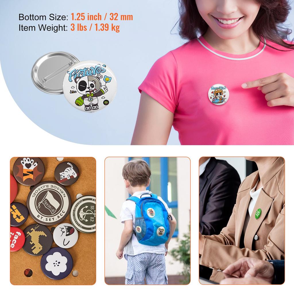 VEVOR 500 Sets 1.25 inch 32mm Pin Back Button Parts, DIY Round Button Badge Parts, Set Includes Metal Top, Plastic/Metal Button, Clear Film