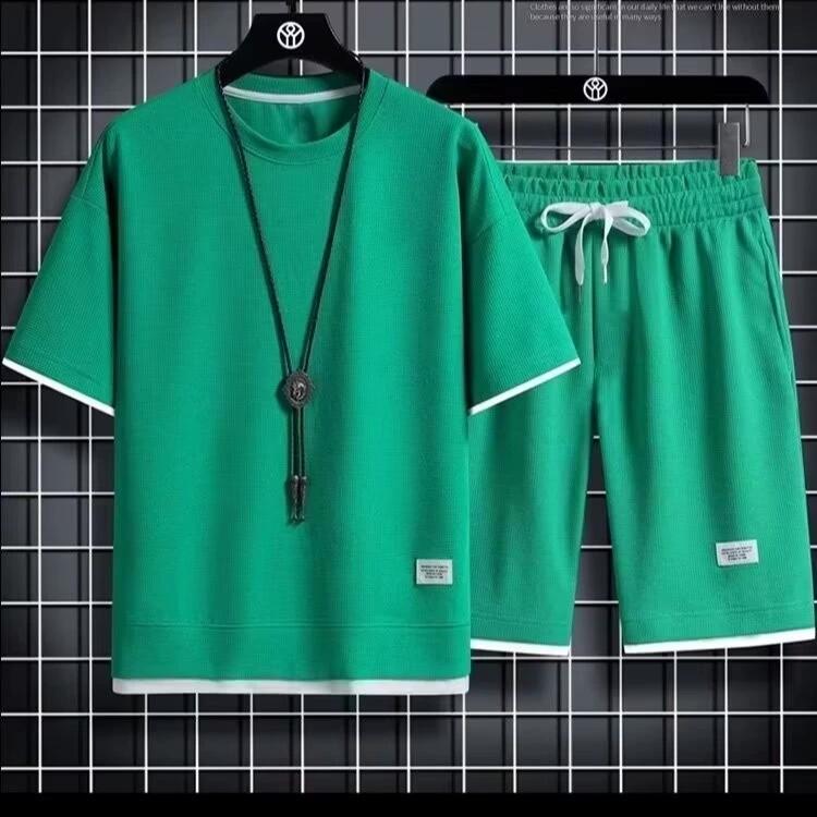 Summer Men's Waffle Sets Casual T-Shirt and Shorts Set Male Sports Suit Solid Color Tracksuit Loose Suits