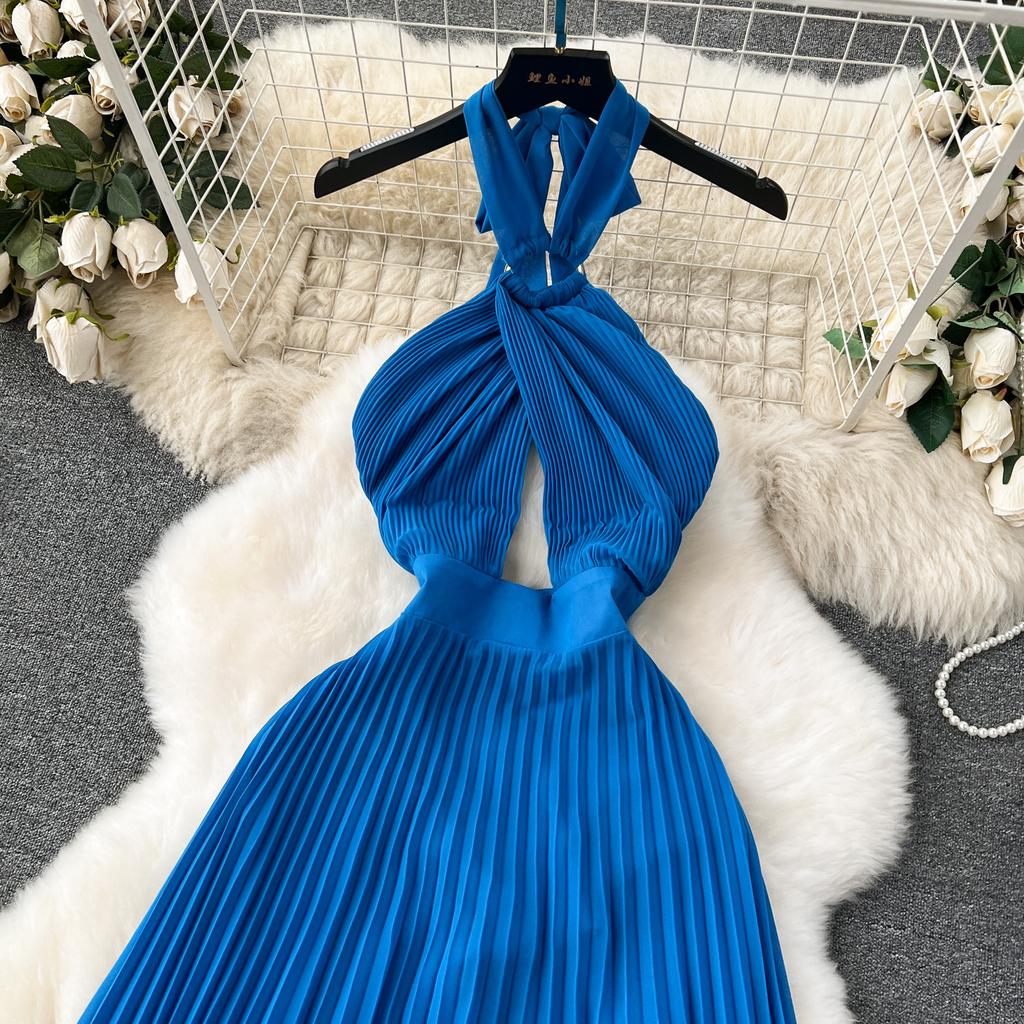 Sanya seaside vacation wear sexy backless scheming hollow neck dress women's pleated long pleated skirt