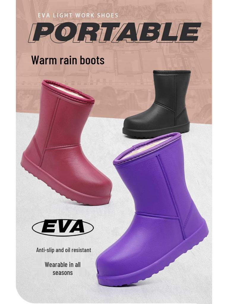 Women's Lightweight EVA Waterproof Non-Slip Cold-Proof Rain Boots with Velvet Lining