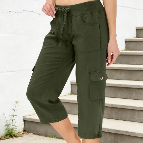 Cropped Pants Adjustable Waist Breathable Stretchy Fabric Women Summer Pants with Pockets Outdoor Travel Mid-calf Length Pants
