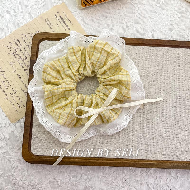Light Yellow Plaid Korean Hair Tie with Bow and Lace Trim