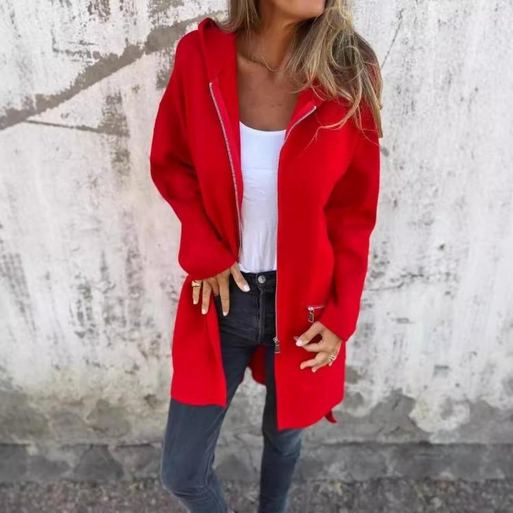 Autumn Winter Loose Fashion Casual Women Mid Length Cardigan Coat Long Sleeve Hooded