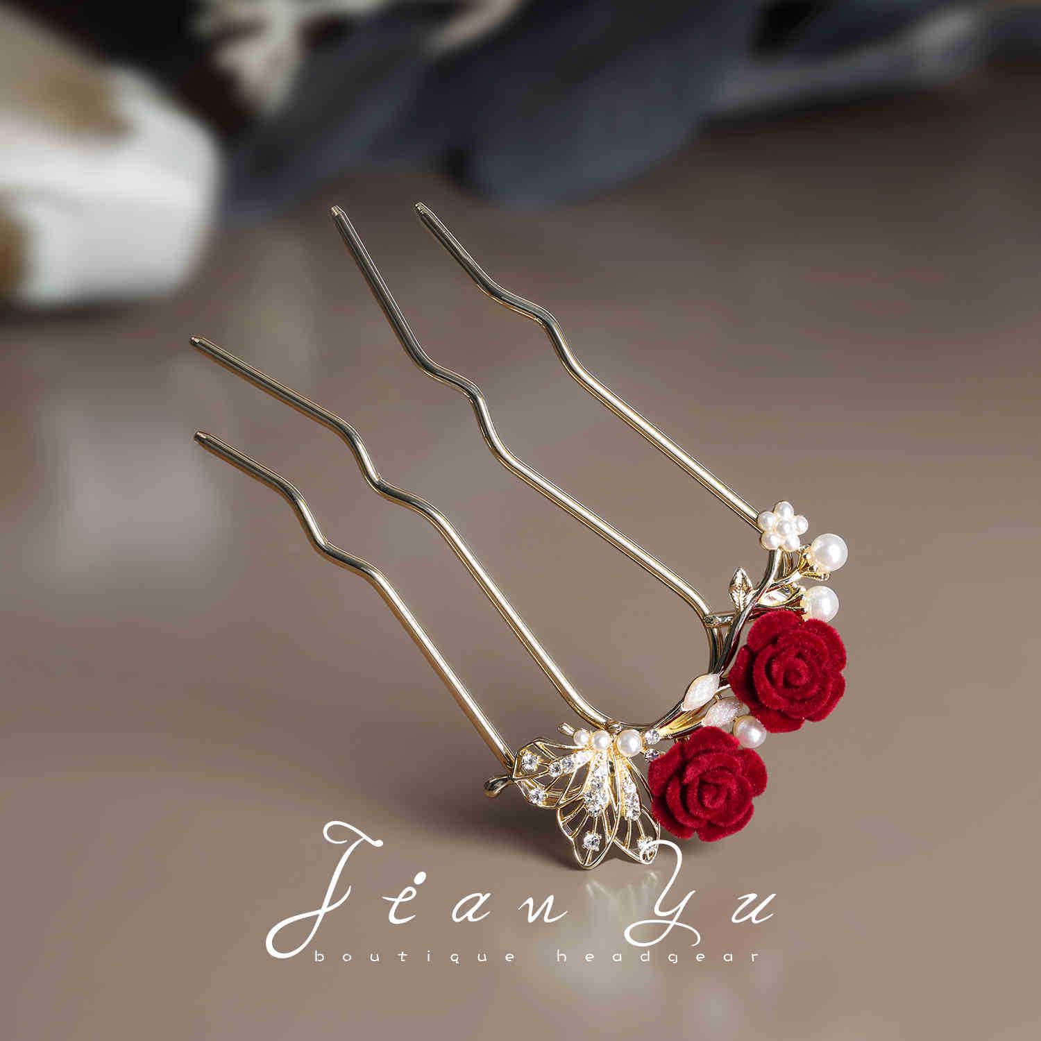 Elegant Chinese Bridal Red Rose U-Shaped Hairpin with Pearl Accent