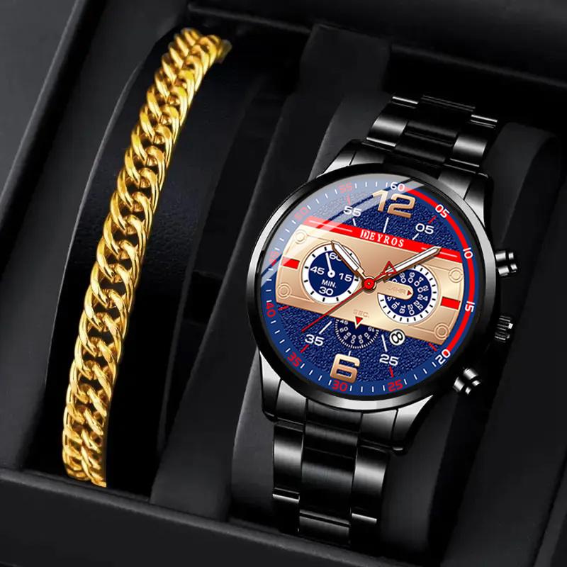 Men's Date Luminous Watch Stainless Steel Band Quartz Wristwatch & Stainless Steel Bracelet, Men's Gift