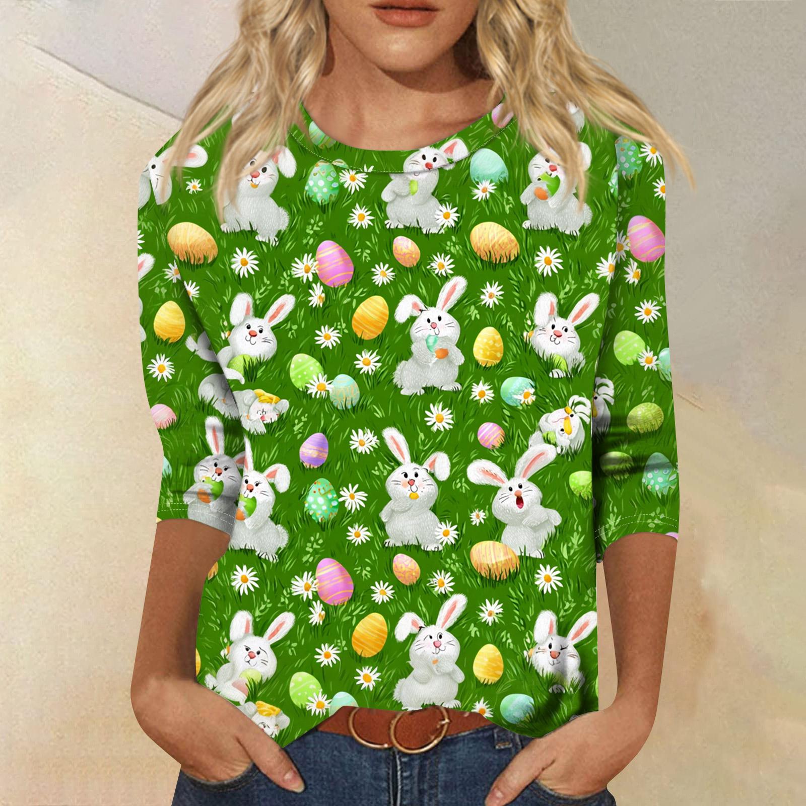 

Women s Fashionable Casual Three-quarter Sleeve Easter Print Round Neck Pullover Top XL білий
