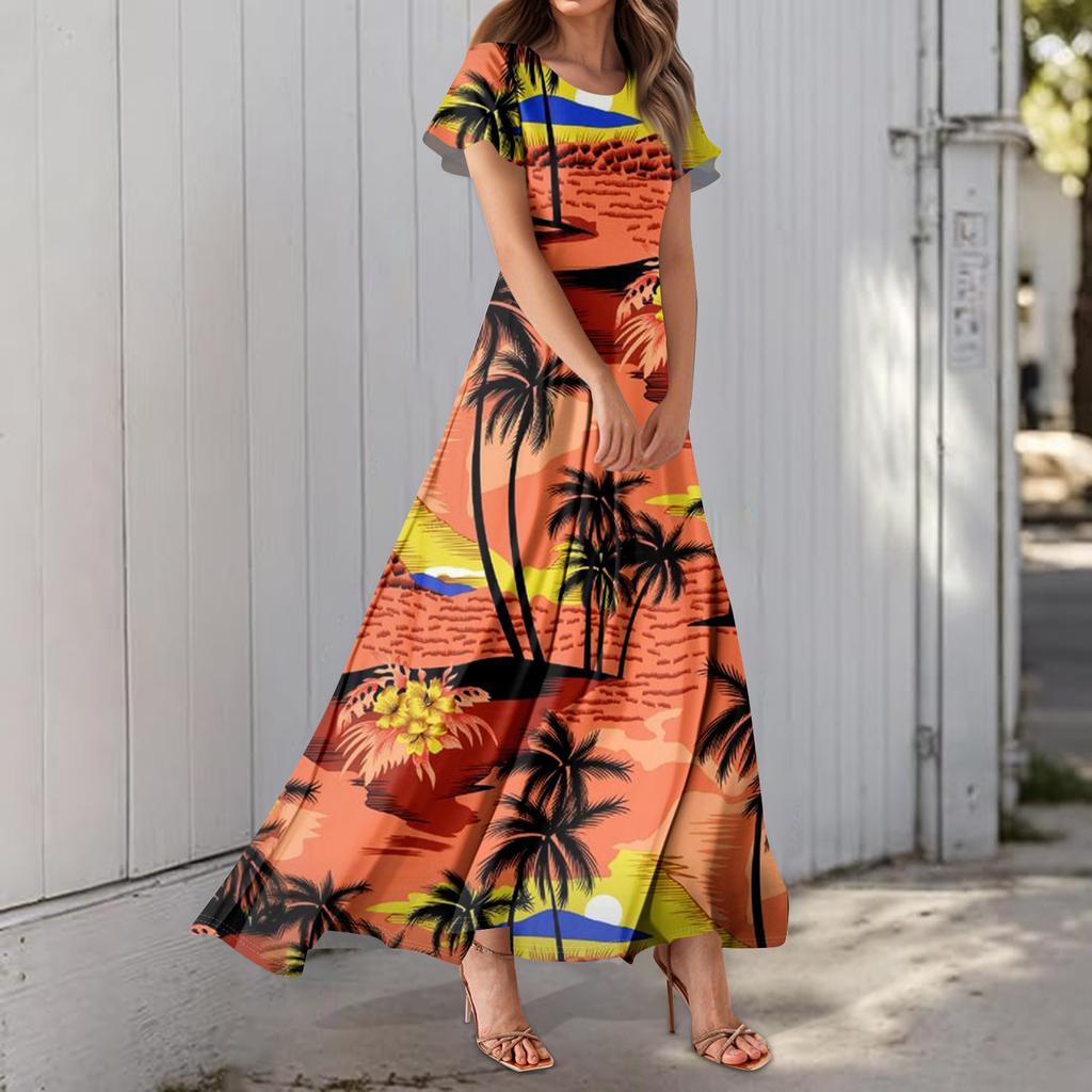 Damenkleid mit Hawaii-Print, lässig, Rundhalsausschnitt, kurzärmelig, hohe Taille